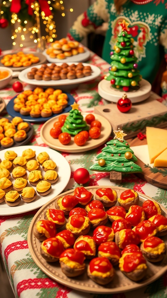 A festive table filled with holiday appetizers and desserts for an ugly Christmas sweater party.